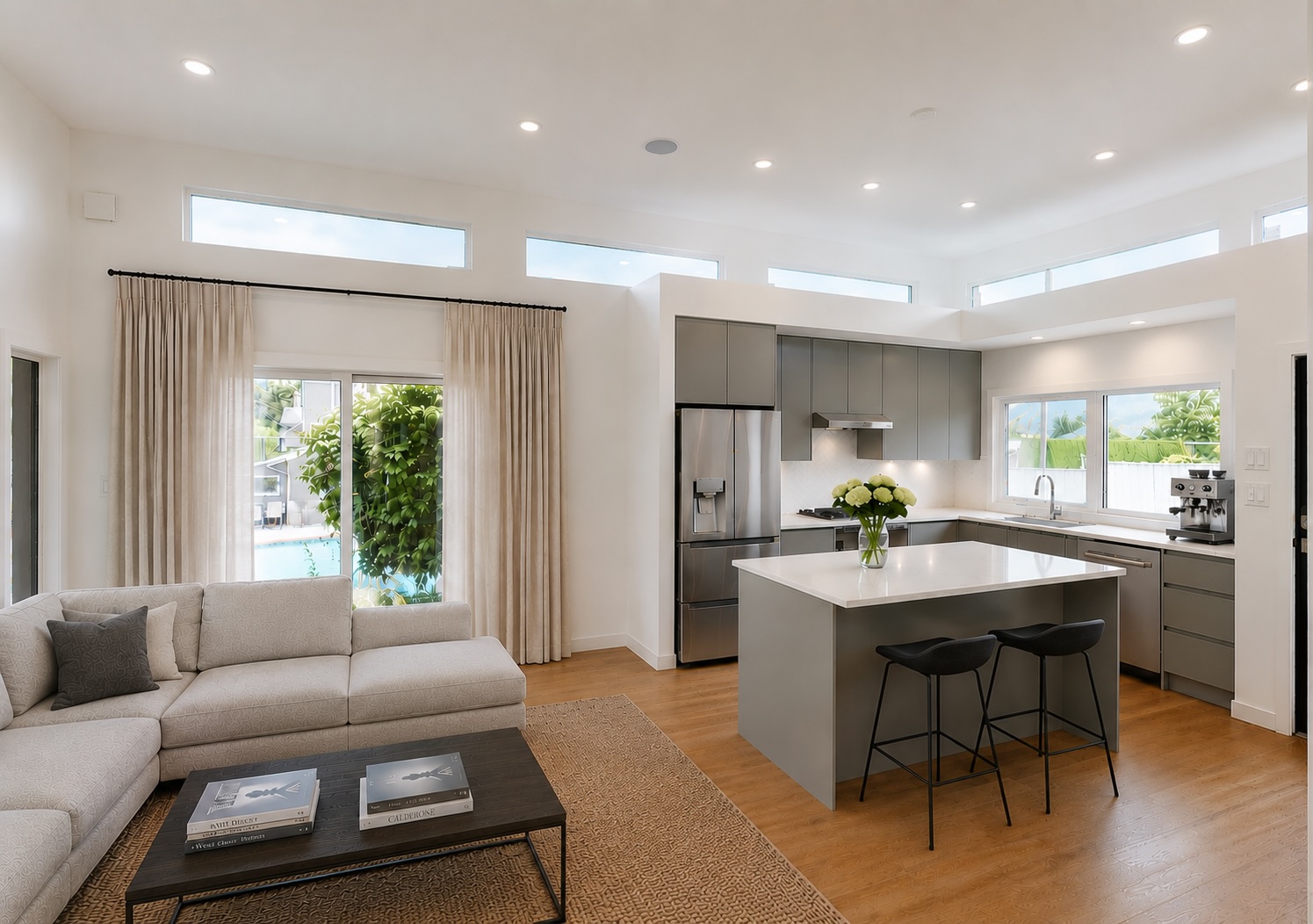 Fully finished modular home interior, living room and kitchen